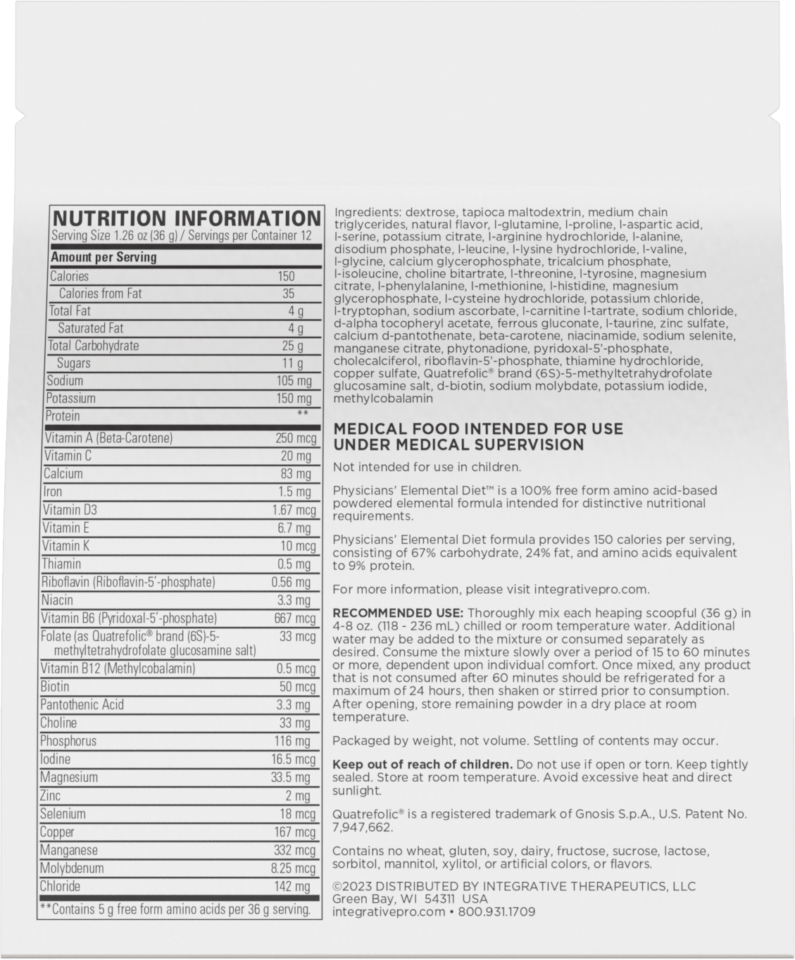 <{%MAIN2_11306%}>Nature's Way® | Physicians' Elemental Diet - back of pack