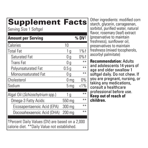 Nature's Way® | Pure Omega Algae - supplement facts Sku:16050