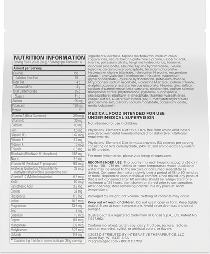 Nature's Way® | Physicians' Elemental Diet - back of pack Sku:11306
