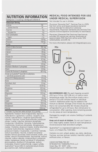 Nature's Way® | Physicians' Elemental Diet Dextrose Free - back of pack Sku:12264A