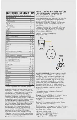 Nature's Way® | Physicians' Elemental Diet Dextrose Free - back of pack Sku:16300